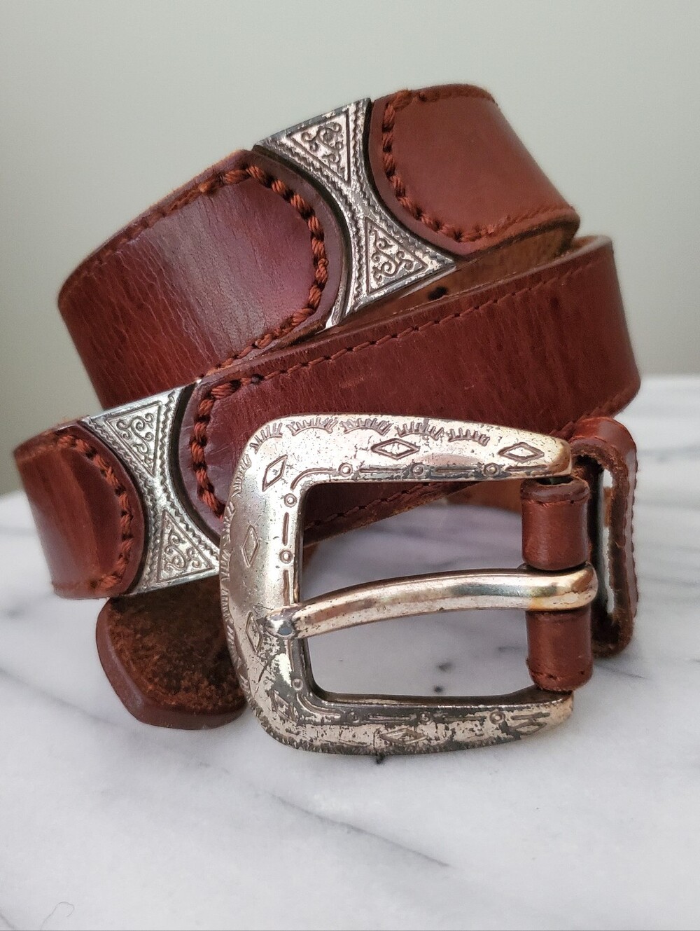 Fossil Brown Leather Belt with Decorative Silver Buckle